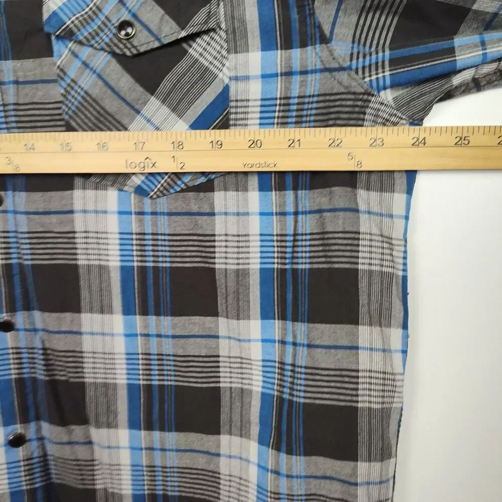 Wrangler Jeans Co. Pearl Snap-Up Shirt Men's L Blue/Brown Plaid Long Sleeves - Picture 4 of 8